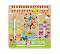 WoodyWood Horloge Calendrier pour Enfants - Horloge bilingue annuelle en Bois 30 x 30 cm - pour Apprendre l'heure, la Date, Les Jours de la Semaine, Les Mois, Les Saisons et la météo