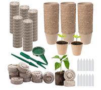 Woohome 202 PCS Pots Biodégradables et Pastilles de Tourbe pour Semis, Pot de Semis en Fibre Biodégradable, Pastilles de Tourbe Compressée, Outil de Sol Meuble pour Plantes de Jardin Marron
