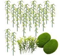 Woohome 30 PCS Bambou Arbres Modèle, 2 Taille Modèles en Bambou Arbres en Bambou en Plastique Vert, 2 PCS Mousse Artificielle Rocks Décoratifs pour DIY de Paysage Landscape