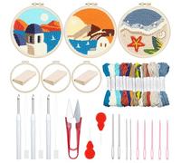 Woohome Kit de Démarrage Punch Needle, Punch Needle Broderie Kit Inclus Cerceau en Plastique, Tissu D'aiguille de Poinçonnage, Fil Coloré pour Adultes (Plage, Cabane, Coucher de Soleil)