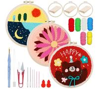 Woohome Kit de Démarrage Punch Needle, Punch Needle Broderie Kit Inclus Cerceau en Plastique, Tissu D'aiguille de Poinçonnage, Fil Coloré pour Adultes (Fleur, Lac et Ours)