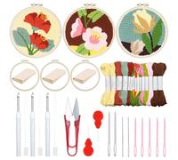 Woohome Kit de Démarrage Punch Needle, Punch Needle Broderie Kit Inclus Cerceau en Plastique, Tissu D'aiguille de Poinçonnage, Fil Coloré pour Adultes (Fleurs Rouges, Roses et Jaunes)