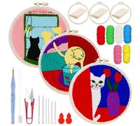 Woohome Punch Needle Broderie Kit, Kit de Démarrage Punch Needle avec Tissu Fils Cerceaux à Broder, Fil et Instructions (Le Chat et Le Vase)