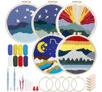 Woohome Punch Needle Broderie Kit, Kit de Démarrage Punch Needle avec Tissu Fils Cerceaux à Broder, Fil et Instructions (5 Décor, Nuit et Lac)