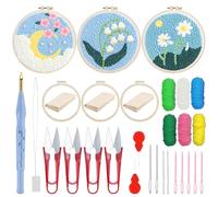 Woohome Punch Needle Broderie Kit, Kit de Démarrage Punch Needle, Inclus Cerceau en Plastique, Tissu D'aiguille de Poinçonnage, Fil Coloré pour Adultes (Chrysanthème et Fleur de Cerisier)