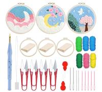 Woohome Punch Needle Broderie Kit, Kit de Démarrage Punch Needle, Inclus Cerceau en Plastique, Tissu D'aiguille de Poinçonnage, Fil Coloré pour Adultes (La Lune et Les Arbres)