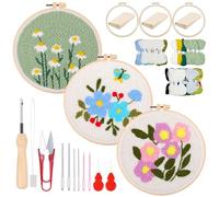 Woohome Punch Needle Kit, Set Prêt à Broder avec Instructions, Cercle en Plastique, Fils et Stylo Aiguille de Poignée de Broderie (Flores Blancas, Azules y Moradas)