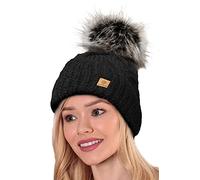 Woolk 4sold Femme Lady Bonnets Mohair d'hiver Wool Bonnet Fourré Hiver pour Femme Bonnet Tricoté et Gros Pompon Coloris Taille Unique Gold Circle Doublure Polaire Confortable (Birma Black)