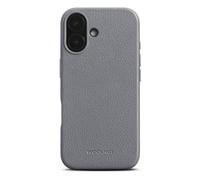 Woolnut Étui en cuir pour iPhone 16, gris, cuir pleine fleur scandinave, compatible avec MagSafe, côtés fins en TPU, doublure en microfibre douce, bords surélevés pour la protection de l'écran et de