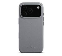 Woolnut Étui en cuir pour iPhone 17 Pro, gris, cuir pleine fleur scandinave, compatible avec MagSafe, côtés fins en TPU, doublure en microfibre douce, bords surélevés pour la protection de l'écran et