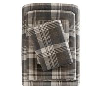 WOOLRICH Parure de lit 4 pièces en Flanelle 100% Coton, Chaude et Douce avec Poche Profonde de 35,6 cm, pour Saison Froide, taie d'oreiller Assortie, Grand lit, Motif écossais Marron