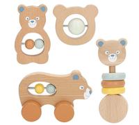 WOOMAX 39252 Lot de 4 hochets en bois pour bébé, motif d'ours, perles mobiles, couleurs pastel, certifié FSC, bords arrondis, jeu éducatif, jouets pour nouveau-nés, jeux pour bébés
