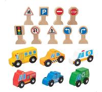 WOOMAX Lot de 6 véhicules et 9 Panneaux de signalisation, Jeu Symbolique, Jouets en Bois FSC, Voitures Jouets, Service citoyen pour garçons et Filles, recommandé à partir de 18 Mois (47214)