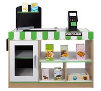 WOOMAX Supermarché 85386 Jouet en Bois avec Accessoires, Tente comptoir Jouet lumière et Sons, Caisse enregistreuse Jouets, Tableau Noir pour Enfants 3 Ans éducatif