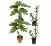 WOONEKY 4 Pièces Miniature Bonsai Plants Set for Dollhouse Realistic Bamboo and Monstera Leaf Potted Compact Faux Greenery for Bedroom and Living DIY Decoration