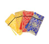 WOONEKY 4 pièces Pochettes Bouddhistes Brocart Lot Rangement pour Bijoux et Écrits Petite Fermeture Éclair Motifs Ethniques Traditionnels