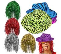 WOONEKY Ensemble Chapeaux Fluo Et Perruques à Paillettes, 4 Pièces Chapeaux à Imprimé Animal Multicolores, Taille Unique, Accessoires De Fête Pour Adultes, Soirées Déguisées Et Carnavals