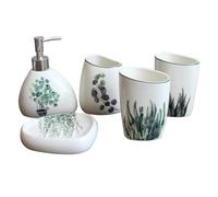 WOONEKY Ensemble de 5 Accessoires de Salle de Bain Comprenant 3 Gobelets, 1 Distributeur de Lotion et 1 Porte-savonnette en Céramique Motif Plantes Design Couleur Couleur Aléatoire