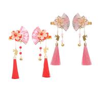 WOONEKY Lot de 4 Pinces à Cheveux Chinoises à Pompon et Perles Épingles à Fleurs Japonaises d'Éventail Accessoires Légers Rouges et Roses pour Coiffures Kimono Mariage et Fêtes