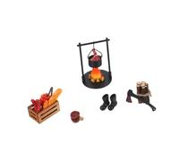 WOONEKY Miniature Campfire Resin Set Réplique Suspendue de Poêle avec Feu de Bois et Steak Faux Accessoire de Jeu Imitation pour Cuisine Décor Micro Paysage pour Maison de Poupée et Fête