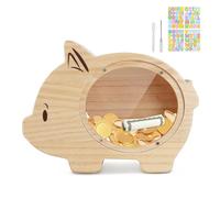 wooshwa Tirelire Enfant Fille Garçon, avec Marqueur & Autocollants Colorés, Tirelire en Bois Réutilisable, pour Aider Les Enfants à Commencer à Economiser - Cochon