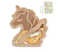 wooshwa Tirelire Enfant Fille Garçon, avec Marqueur & Autocollants Colorés, Tirelire en Bois Réutilisable, pour Aider Les Enfants à Commencer à Economiser - Licorne