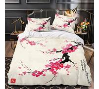 Woowin Housse De Couette 140x200 Fille Garcon 3D Fleurs De Cerisier Parure de Lit 1 Personne Style Japonais Douce Microfibre Literie 3 pièces avec Fermeture Éclair et 2 Taies d'oreiller 50x75cm