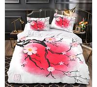 Woowin Housse De Couette 240x260 Adultes 3D Cerisier Rouge Parure de Lit 2 Personnes Style Japonais Douce Microfibre Housse De Couette 3 pièces avec Fermeture Éclair+2 Taies d'oreiller 50x75cm