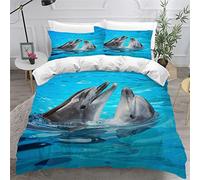Woowin Housse De Couette Dauphin 140x200 Enfant Ado Fille 3D Créatures Aquatiques Parure de Lit 1 Personne Microfibre 3 pièces Housse De Couette avec Fermeture Éclair+2 Taies d'oreiller 50x75cm