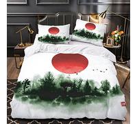Woowin Housse De Couette Soleil Rouge Nuée d'oiseaux 140x200 Enfant Ado Fille 3D Peinture à L'encre Japonaise Parure de Lit 1 Personne Microfibre 3 pièces Housse De Couette avec Fermeture Éclair