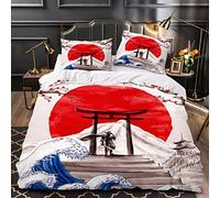 Woowin Parure De Lit 220x240 Enfant Aquarelle Japon Housse De Couette Microfibre 2 Personnes avec Fermeture Éclair Guerrier Hypoallergique Ensemble de Literie 3 pièces+ 2 Taies D'oreillers