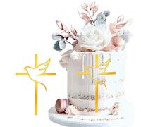 WOOXDYUK 2 Pièces Décoration de Gâteau Croix Cake Topper Colombe Or Acrylique Décoration de Gâteau, Effet Miroir Étincelant pour Mariage, Anniversaire, Noël, Fête & Plus, 15x10cm