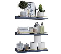 WOPITUES Lot de 3 étagères flottantes avec garde-corps en métal doré, pour décoration murale, pour chambre à coucher, salle de bain, cuisine, salon, plantes, cadres photo, art doré en bleu marine