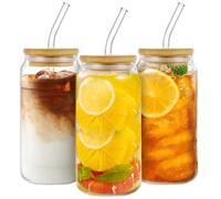 WOPPLXY Lot de 3 verre matcha avec couvercles hermétiques en bambou et pailles en verres, 500ml verre avec couvercle et paille, verres bubble tea Réutilisables pour Soda et Cocktail
