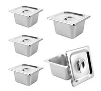 WOPPLXY Lot de 5 bacs gastro inox GN 1/6 avec couvercles, hauteur 10 cm | 5 bacs et 5 couvercles à poignée, format 17,6 x 16,2 x 10 cm, pour préparer et organiser les ingrédients