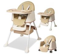WoRaum Chaise Haute Bébé 4-en-1, Chaise Haute Bébé Réglable et Convertible avec Ceinture de Sécurité, Plateau, Facile à Nettoyer, Siège Bébé de 6 Mois à 6 Ans (Beige)