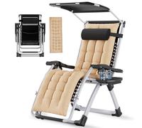 WoRaum Chaise Longue de Jardin Pliable Fauteuil de Jardin Pliable et Inclinable - Chaise Longue Rembourrée avec Repose-Pieds, Appui-Tête Amovible et Tablette Intégrée, Charge maximale 200 kg (Beige)