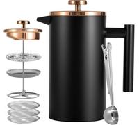 Worbic Cafetière à piston française 1000 ml - Double paroi isolée en acier inoxydable - Système de filtration à 3 niveaux - Pour la maison, le camping et le bureau - Noir