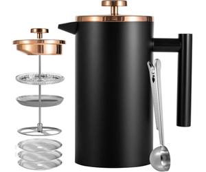 Worbic Cafetière à piston française 1000 ml - Double paroi isolée en acier inoxydable - Système de filtration à 3 niveaux - Pour la maison, le camping et le bureau - Noir
