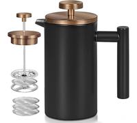 WORBIC Cafetière à piston française 1500 ml en acier inoxydable isolé à double paroi, système de filtration à 3 niveaux, presse française pour la maison, le camping et le bureau (noir, 1,5 l)