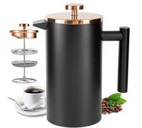 Worbic Cafetière à piston isotherme en acier inoxydable à double paroi avec système de filtration à 3 niveaux avec 3 filtres supplémentaires, noir 350 ml