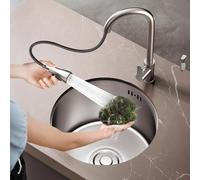 WORDFUN Évier De Cuisine Rond 28 30 32 36 40 42cm, Évier De Préparation De Bar À Un Bol, avec Robinet Extractible, pour Postes De Travail, Camping-Cars, Cuisines De Préparation(28x28cm)