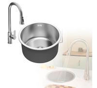 WORDFUN Évier De Cuisine Rond en Acier Inoxydable, 28 30 36 40cm Évier Simple sous Plan Ou sur Plan, Encastrable, Lavabo pour Véhicule Récréatif, avec Robinet Extractible, Gain De Place(30x30cm)