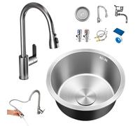 WORDFUN Évier De Cuisine Rond en Acier Inoxydable, Évier De Préparation De Bar À Un Bol, Bol À Vaisselle, avec Vidange, avec Robinet Extractible, pour Salle De Bain, Camping-Car Et Bar(30x30cm)