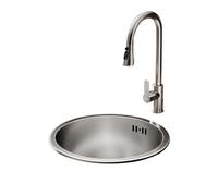 WORDFUN Évier Simple Rond en Acier Inoxydable, 28/30/32/36/40/42cm Évier De Cuisine pour Véhicule Récréatif, avec Robinet Extractible, pour Camping, Camping-Car, Barbecue, Pêche(36x36cm)