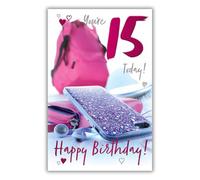 Words & Wishes (H006) Carte d'anniversaire 15 ans - Téléphone et sac à dos - 15th Birthday