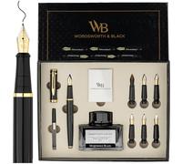 Wordsworth & Black Calligraphy Pen Set de regalo, incluye botella de tinta, 6 cartuchos de tinta, convertidor de recarga de tinta, 6 puntas de repuesto, paquete premium, diario [oro negro]