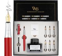 Wordsworth & Black Calligraphy Pen Set de regalo, incluye botella de tinta, 6 cartuchos de tinta, convertidor de recarga de tinta, 6 puntas de repuesto, paquete premium, diario [Chrome Rouge]
