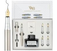 Wordsworth & Black Coffret Cadeau Stylo Plume, Comprenant Un Flacon D'encre, 6 Cartouches D'encre, Un Convertisseur De Recharge D'encre, 4 Plumes De Rechange, Calligraphie Et Écriture [Chrome Argenté]