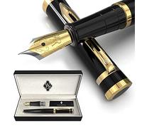 Wordsworth & Black Coffret de Stylos Plume, Plumes Moyenne et Extra Fine Dorées 18 carats, 6 Cartouches d'Encre et Convertisseur de Recharge, Coffret Cadeau, Écriture Douce [Or Noir]